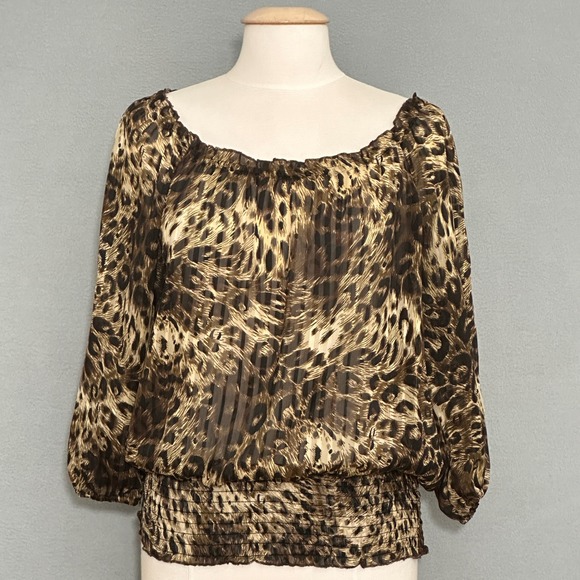 Retro 90s Womens Top L Sheer Leopard Print Off Shoulder Smocked Going Out Party - Picture 2 of 10